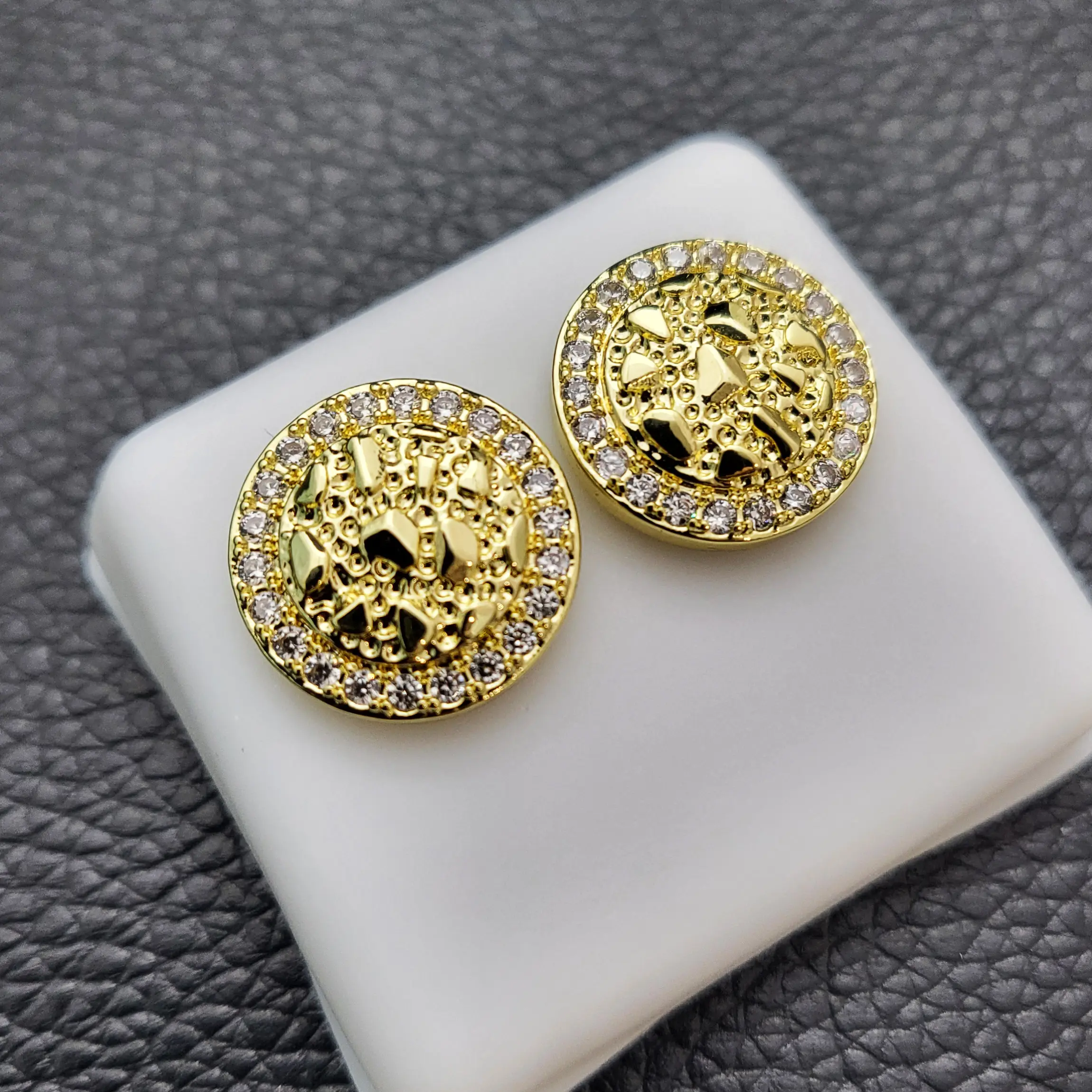 MaxBling81 Unisex Brass Premium Quality Gold Plated Cubic Zirconia Stud Earrings, 10mm/14mm/20mm Golden Nugget Cookie Iced Men's Fashion Jewelry, Gold Plated Earrings, Premium Quality Earrings