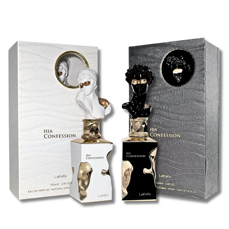 Lattafa His & Her Confession Eau de Parfum, 2-Pack Unisex Fragrance Gift Set, Long-Lasting Oriental Scent with Spicy Cinnamon and Woodsy Vanilla, 3.4 fl oz Liquid for Adults, Wood, Fragrance Sets, Amber Patchouli, Multi-Pack, Tuberose Cinnamon, Vanilla Fl