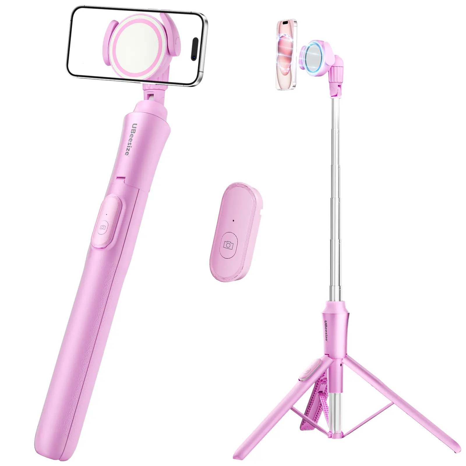 UBeesize 62'' Magnetic Tripod with Remote - Extendable MagSafe Phone Stand, Aluminum Portable Bluetooth Selfie Stick for iPhone & Android, Accessories Including Magnetic Phone Mount, Vlogging Equipment, Rotation Ring Stand & Adjustable Selfie Accessories
