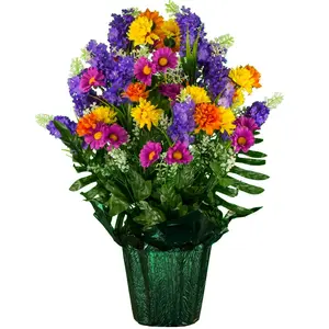 Purple and Yellow Wildflower Potted Silk Flower Cemetery Arrangement - Graveside Silk Flowers in Weighted Pot (PT2396)