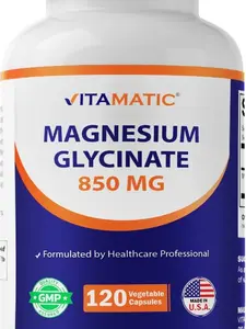 Vitamatic Magnesium Glycinate 850 mg High Potency Daily Wellness Tablets - 120 Veg Capsules, Non-GMO, Made in USA - Supports Muscle, Nerve Health