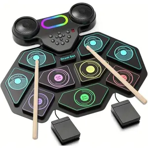 2025 Upgrade  Drum Set 9-Pad Roll-Up - Portable  Drum Kit with 2 Pedals, Built-in Speakers, MIDI & Headphone Jack - Ideal for Practice & Travel (Stripe )