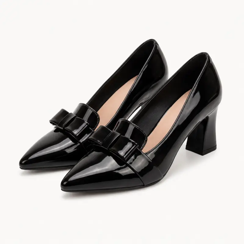 GeeYea women’s Black Patent Leather Bow Pumps, Pointed Toe Chunky Heel Dress Shoes, 7.5cm High Heels for Work, Date Night & Special Occasions