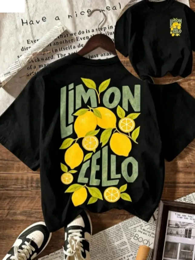Women's 100% Cotton Vintage T-Shirt - Dual-Side Print, Limoncello Text, Assorted Whole Lemon Slices, Green Leaves, Tiny Chest Print, Big Back Fruit Art - Summer Cool, Casual Daily Outfit for Italian Drinks Lovers (Unisex)