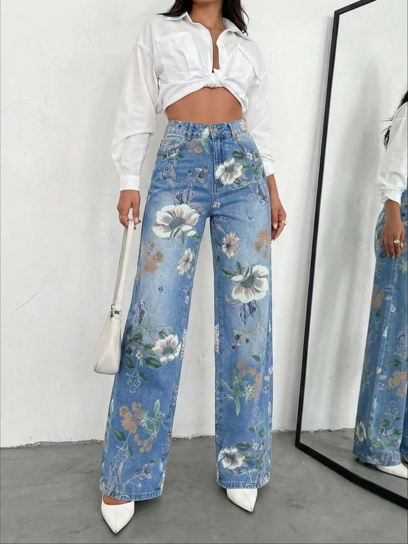 Women's All-Season Floral High Waist Fitted Jeans, Elegant Straight Leg Denim Jeans, Non-Elastic Casual Style, Perfect for Everyday Wear