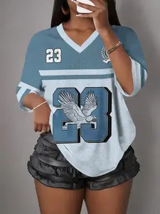 Y2K American Vintage Eagle 23 Number Light Blue Patchwork Mesh Jersey Women's Loose V Neck Sport T-Shirt, Hip Hop Streetwear Top