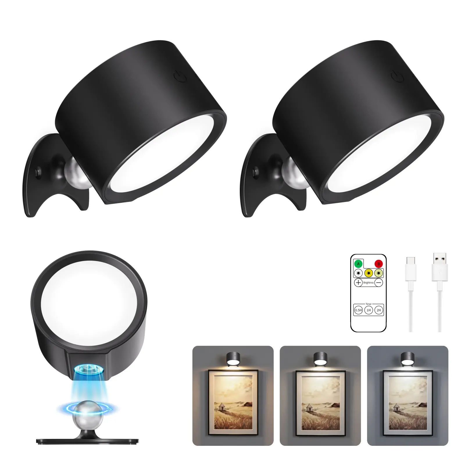 LED rechargeable wall lights,3CCT with Remote and Touch,USB Rechargeable Wall Sconce Lamp,360° Rotating Dimmable Wireless Wall Lamp,Suitable for Study,and Bedroom,Bedside,picture light,frame lights,picture lights for wall Wireless LED Art Display Lights