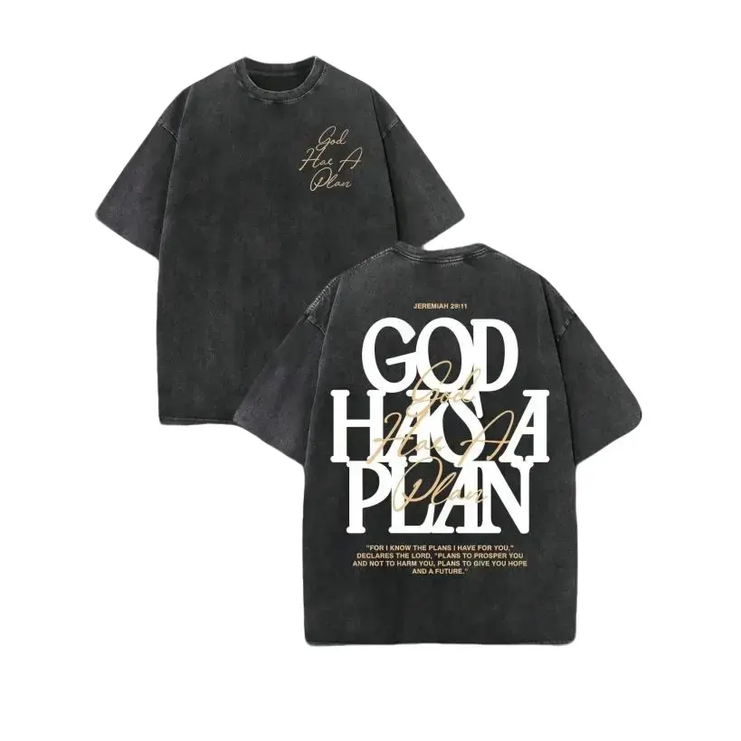 Men's Christian Graphic Tee, 'God Has a Plan' Double-Sided Printed Top, Unisex Oversized Vintage Streetwear in 230gsm Heavyweight Premium Cotton