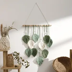 Rope-knot tapestry wall hanging; handwoven Bohemian-style tapestry featuring a sage green leaf pattern; rustic-style fringe yarn decorative hanging suitable for bedrooms, living rooms, and dorm rooms