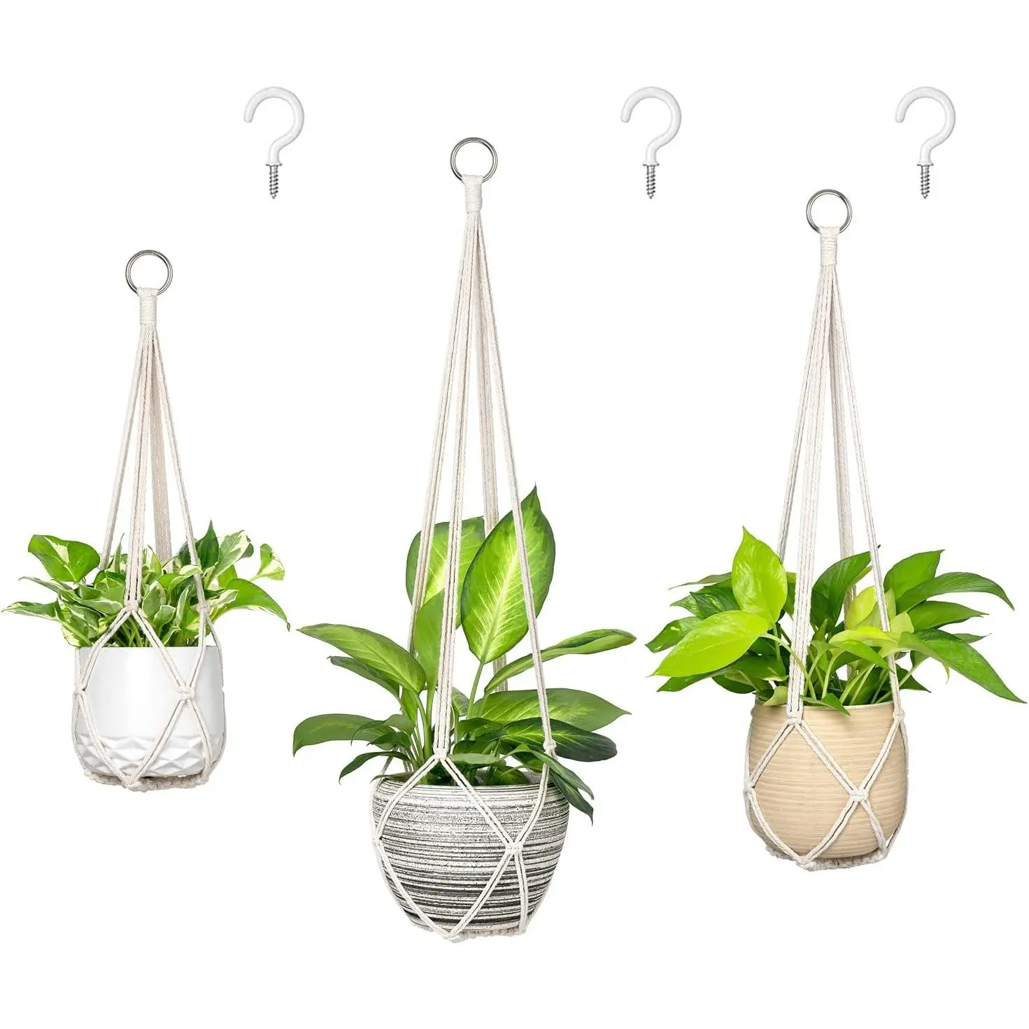 Beige Macrame Hanging Planter Basket Set of 3 with Hooks & Rings - Handmade Cotton Rope Holders (35in/29in/23in, No Tassels) for Boho Home Decor, Easy Installation Hanging Baskets with Boho Element, Woven