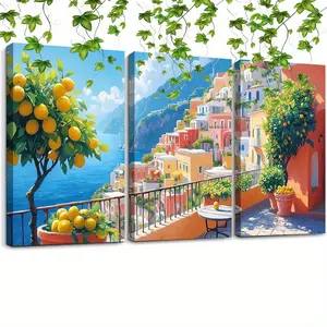 3pcs Framed Lemon Tree Paintings, Watercolor Style Travel Posters - Amalfi Coast Positano Canvas Wall Art for Home Decor, Dining & Living Room