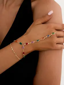 2 Pcs Vintage Metal Finger Cuff Bracelets, Boho Style Colorful Crystal Hand Chains, Pretty Bracelet, Perfect for Women, Daily Wear, Holiday Gifts