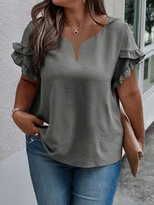 Plus Size Plain Frill Trim Petal Sleeve Notched Neck Tee, Casual Fitted Short Sleeve T-shirt for Daily Wear, Women Plus Clothing for All Seasons