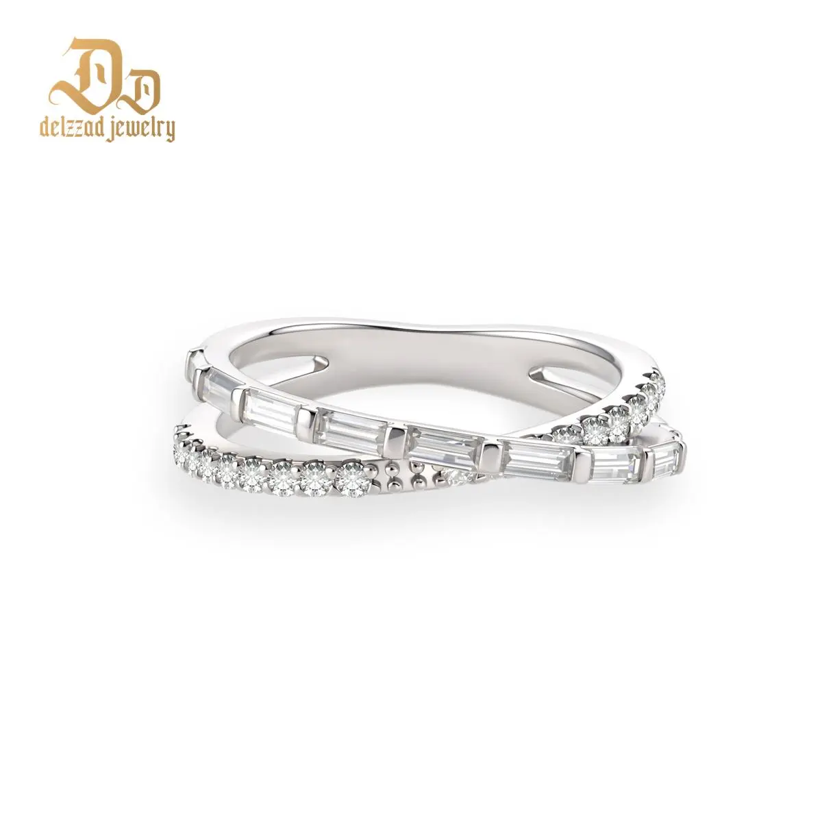 Delzzad 0.7ct Echo of Starlight Ring Baguette Cut Crossover Ring Cross Wedding Band VVS Synthetic Moissanite Ring Jewelry S925 Band Perfect Birthday Engagement Wedding Anniversary Christmas Valentine's Day Mother's Day Gift