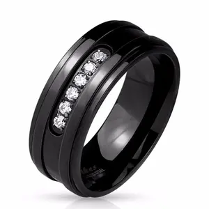 Lanyjewelry Men's 8mm Hypoallergenic Artificial Zircon Ring - Step-Edge Stainless Steel, 6 Black Cubic Zirconia Center Stones, Elegant Fashion Piece for Artificial Zircon Rings Enthusiasts, Elegant Fashion Rings