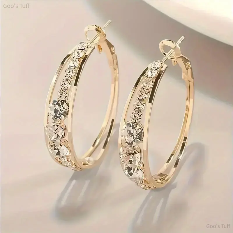 Ear Jewelry | Women Elegant Rhinestone Hoop Earrings, Simple Round Zinc Alloy Hoops With Stainless Steel Posts, Trendy Fashion Accessory for Daily Dress Matching & Birthday Gift