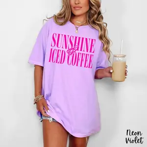Comfort Colors Sunshine and Iced Coffee Tee, Neon Shirts, Summer Beach Vacation Top, Trendy Sunshine Lover Graphic, Coastal Iced Coffee Vibes