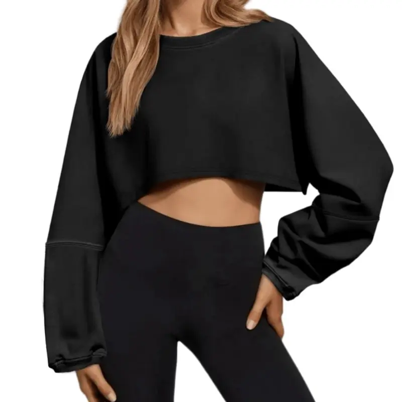 Women's Korean Style Long Sleeve Cropped Sweater No Hood Fish Scale Design Solid Color Soft and Comfortable Casual Pullover Tops