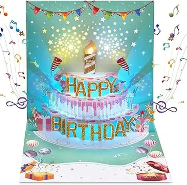 Musical Birthday Cards, 3D Pop Up LIGHT Blowable Cake Happy Birthday Cards with Music and Cheers Sound, Funny Popup Greeting Card Birthday Gifts for Kids, Women, Men, Daughter, Mom
