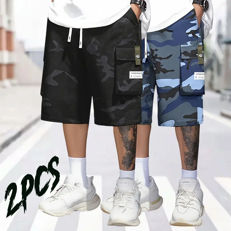 2-pack men’s camouflage cargo-style casual shorts—breathable, skin-friendly, wrinkle-resistant fabric for a cool, comfortable feel; elastic drawstring waistband for easy wear; multi-pocket cargo design details that elevate the quality; relaxed yet structu