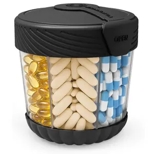Large Pill Organizer Bottle, Portable Vitamin Dispenser with 7 Compartments and Labels  Tin Canister