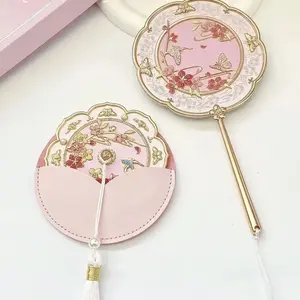 Chinese Ancient Style Peach Blossom Embellished Handheld Makeup Mirror, Portable Pocket Mirror with Human Face Design, Cultural and Creative Teen Girl Gifts