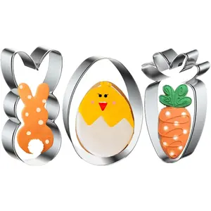 Easter Cookie Cutters, 3 count Carrot Egg Bunny Rabbite Shapes Metal Cookie Cutters Stainless Steel Sets Holiday Themed Baking Kit