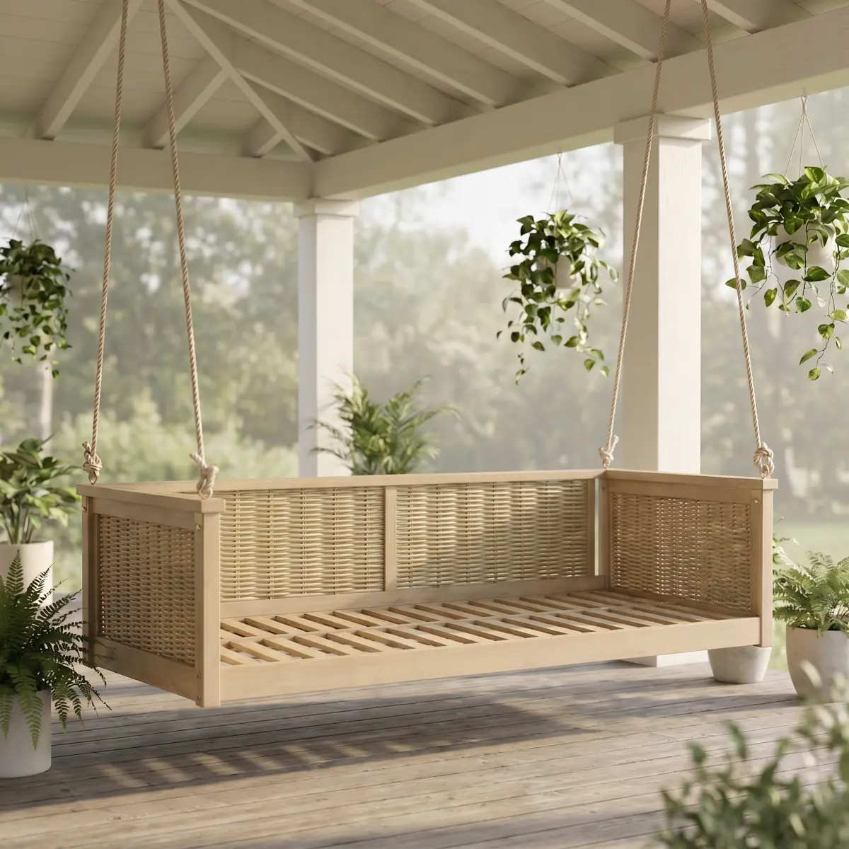 [Bellemave] Outdoor Classic Solid Wood Twin Size Swing Bed,Garden Porch Rattan Swing Frame with Long Ropes for Poolside, Backyard,400 LBS Capacity