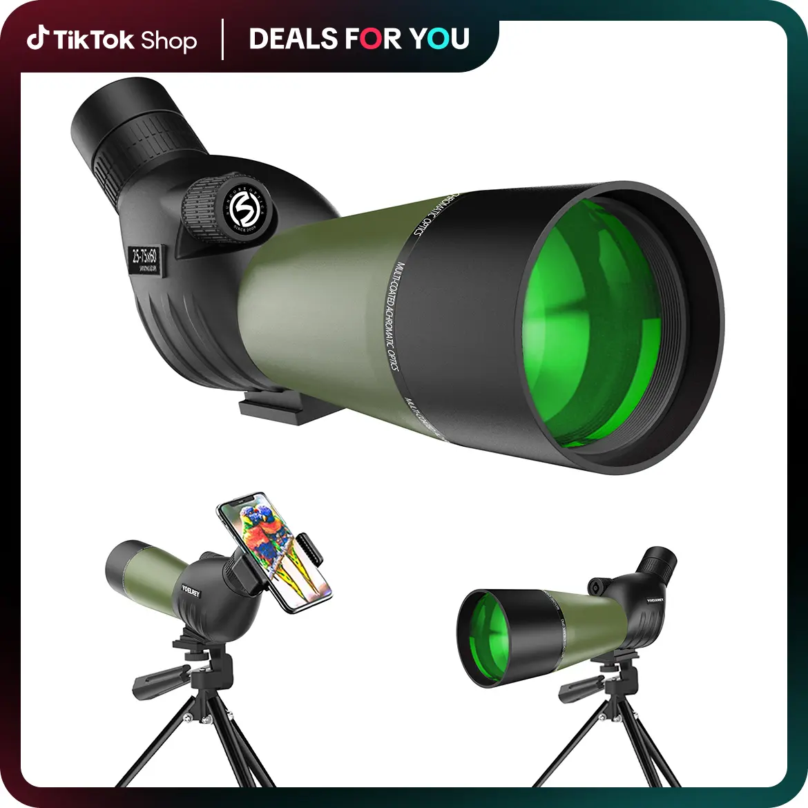Yoelerey Updated 25-75x60 Spotting Scope with Tripod, Carrying Bag & Quick Phone Holder, Green Outdoor Gadget for Bird Watching, Camping Digiscoping (Telescoping Other Telescopes),father'sdaygifts