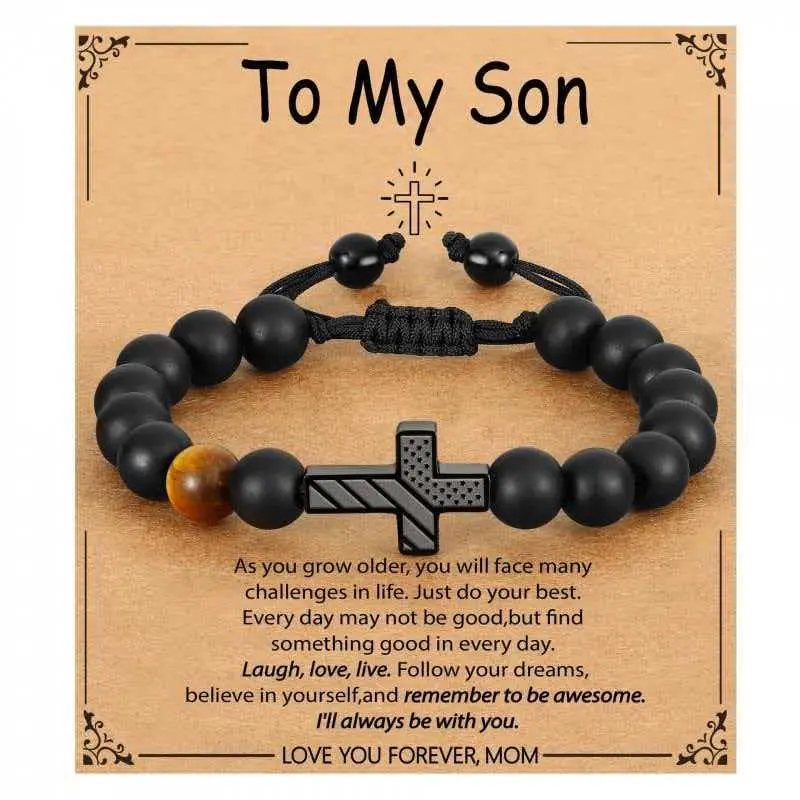 To My Son Cross Bracelet, Handmade Matte Black Onyx & Tiger Eye Beads, Adjustable Encouragement Gift from Mom for Birthdays, Beaded Cross Bracelets & Bangles, Cross And Inspirational Text Bracelets & Bangles