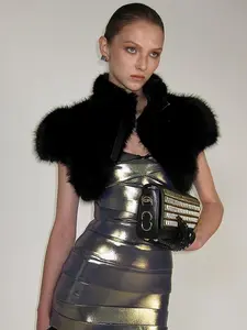 Women's Fall Winter New Pure Color Sexy Fur Short Crop Top Sleeveless Tie Front Blouse, Street Style, Chic, Minimalist, Slim-Fitting, All Seasons, Womenswear