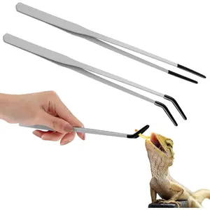2 count Extra Long Stainless Steel Reptile Feeding Tongs with Rubber Tip Bearded Dragon Aquarium Straight and Curved Long Tweezer Terrarium Feeder Tool for Tank(, 10 Inch, 10.5 Inch)