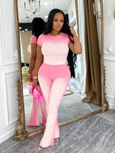 USBoutique Chic Women's 2 Piece Set Outfits Lounge Sets Ruched Short Sleeve Tops High Waisted Wide Leg Pants Tracksuit Sets