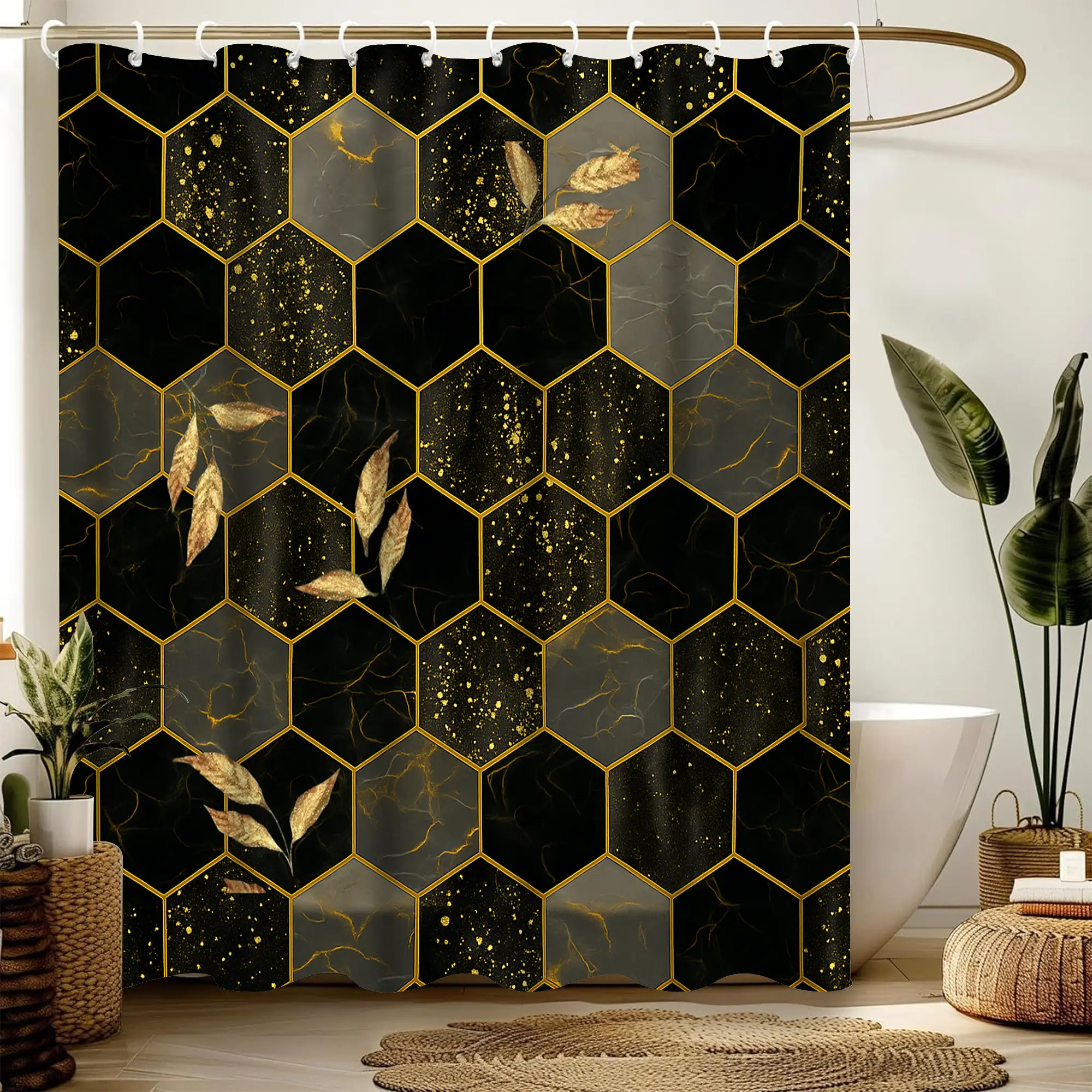Geometric hexagonal black gold pattern shower curtain set, waterproof shower curtain with 12 hooks, non-slip bathroom carpet, toilet U-shaped cushion, toilet seat cover cushion, bathroom shower curtain set, perfect moving gift.
