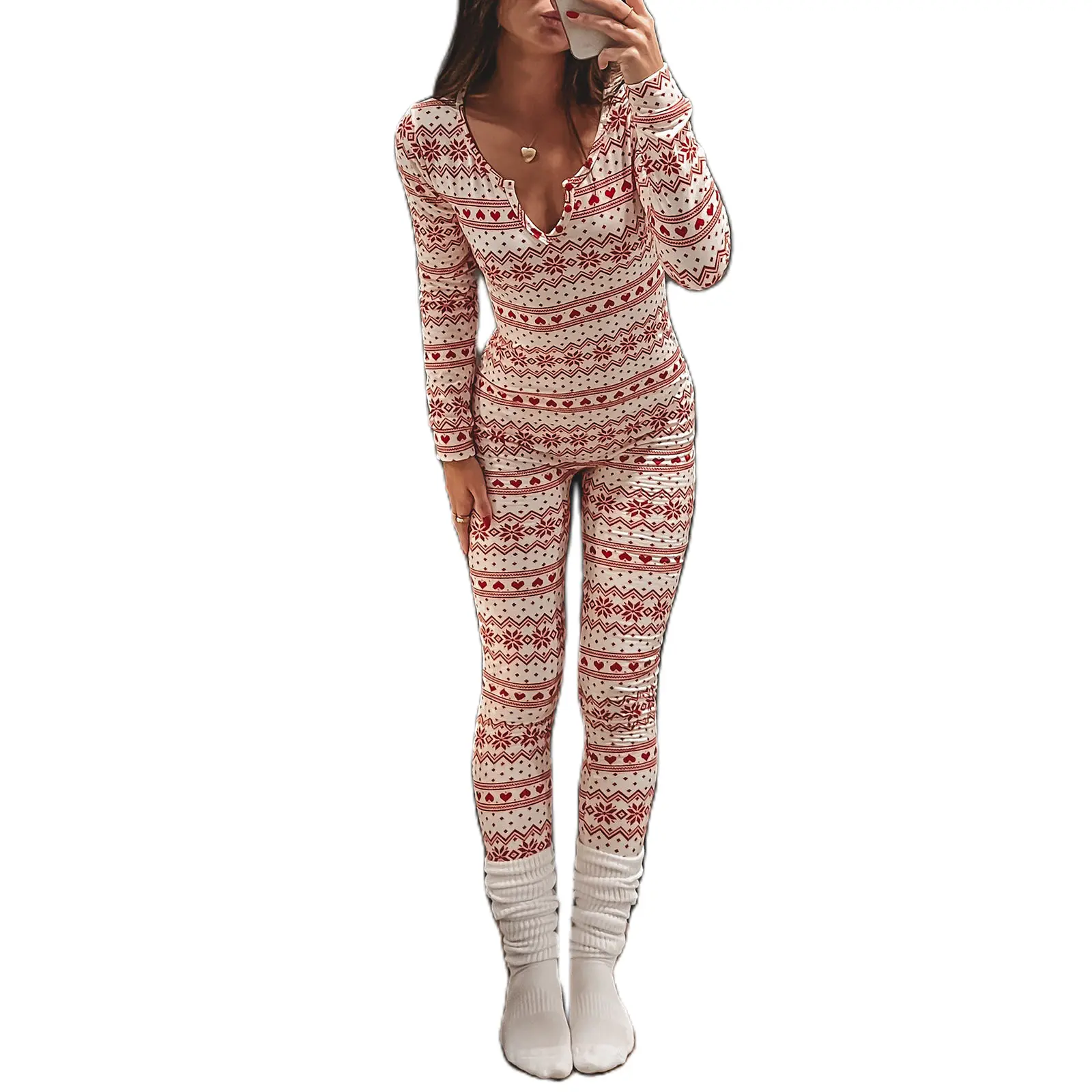 Women Sexy Christmas Pajamas Long Sleeve Printing Bodycon  jumpsuit Ugly Christmas Pjs