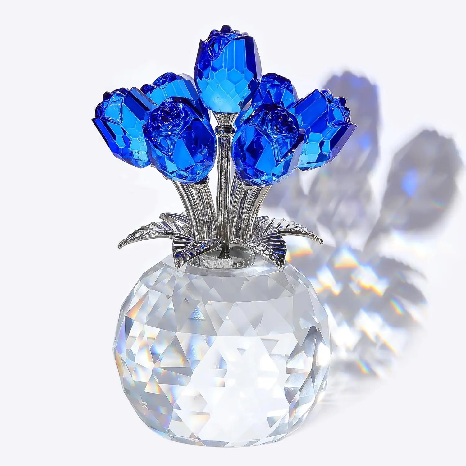 Handmade Crystal Red Rose Flower Figurine with Round Vase, Decorative Flower Pieces, Women's Romantic Anniversary Gift, Collectible Home Decor