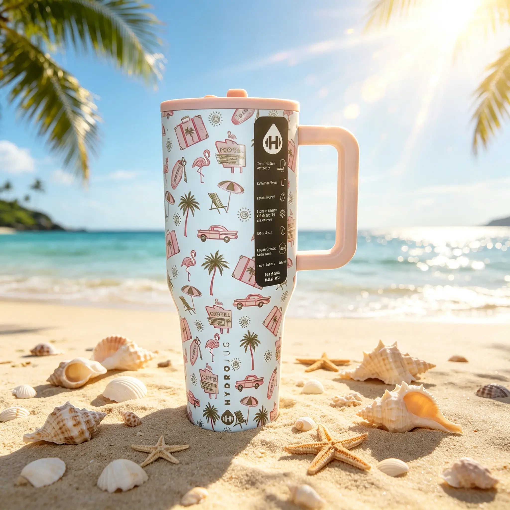 40oz Stainless Steel Retro Beach Tropical Print HydroJug Tumbler - Large Insulated Travel Water Mug with Pink Floral Pattern Handle, Trendy Summer Gift for Beach Lovers, Diet Coke & Fishermen-Friendly Option
