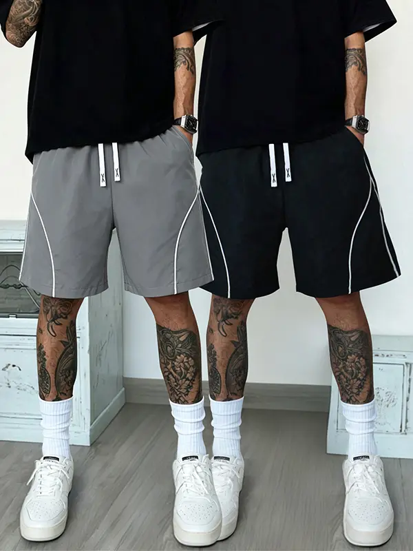 2-pack men’s summer straight-leg athletic shorts—fashionable street style, versatile casual loose fit with drawstring, color-block design; suitable for everyday wear and workouts.