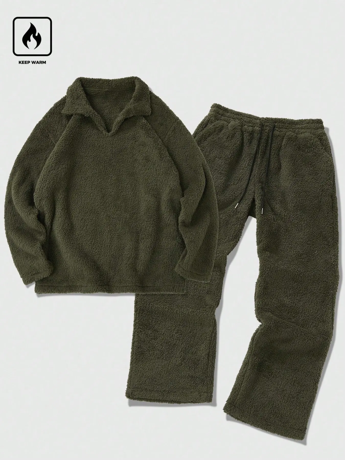 Men's Sherpa Fleece Tracksuit Set, Olive Pullover & Pants, Collared V-Neck, Warm for Winter, Casual Loose-Fitting, Plain Tracksuit Set