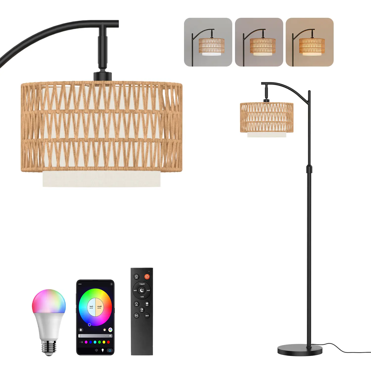 DEMILARE Boho Cast Iron Floor Lamp - 3 Color Temperatures, Stepless Dimmer, RGB Light, Remote Control & ft Switch, Modern Mood Lighting for Living Room Decor & Design, Curved Pole,, Led Floor Lamps, Adjustable Floor Lamps,SummerFinds,Summer Turn Up campin