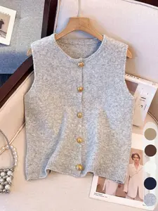 Women's Solid Color Button-Front Fitted Sweater Vest, Casual Sleeveless Round Neck Knitwear for Summer Daily Wear, Fashion Women's Old Money Style Knit Tank Top