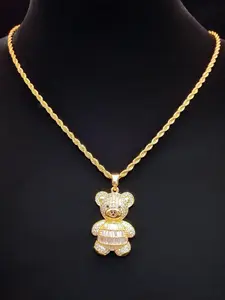 Artificial Zircon Bear Animal Pendant Necklace, Stainless Steel Twisted Chain, Unisex Hip Hop Punk Jewelry, Fashion Vintage Accessory, Sparkling CZ Necklace, Zircon Gemstone Necklace