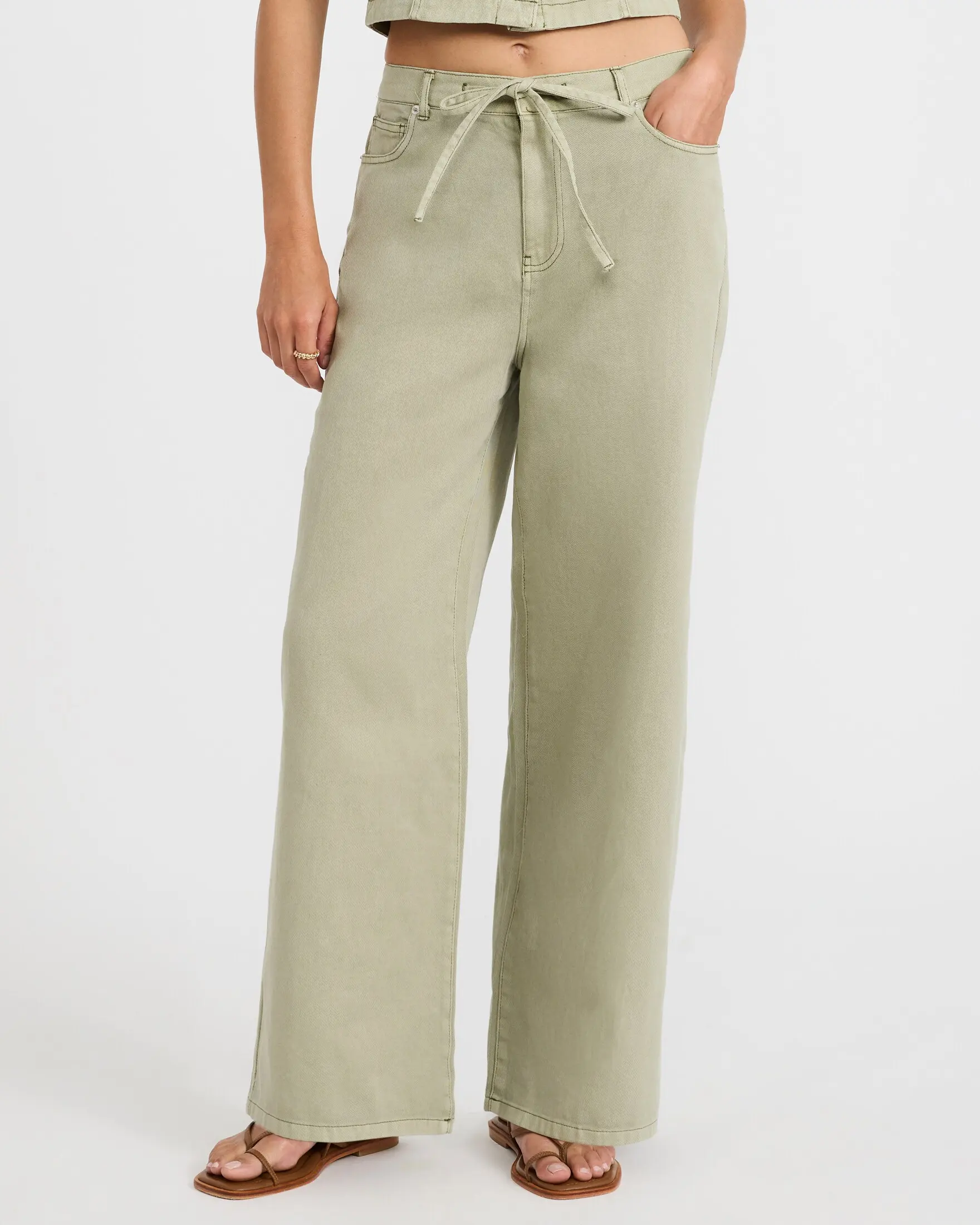 Express Cotton Mid Rise Drawstring Wide Leg Olive Green Jeans, Matching, Denim