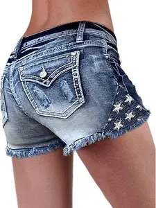 Womens Mid-High Rise Ripped Jean Shorts Distressed Stretchy Denim Shorts for Casual Everyday Wear with Trendy Ripped Design and Comfortable Stretchy Fabric