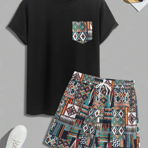 Men's Geometric Tropical Print Short Sleeve Round Neck Tee & Shorts Two-Piece Set, Loose Casual Fashion Cozy Breathable Two Piece Outfits for Daily Outdoor Wear, Men Clothes for Summer, Breathable Sport Set