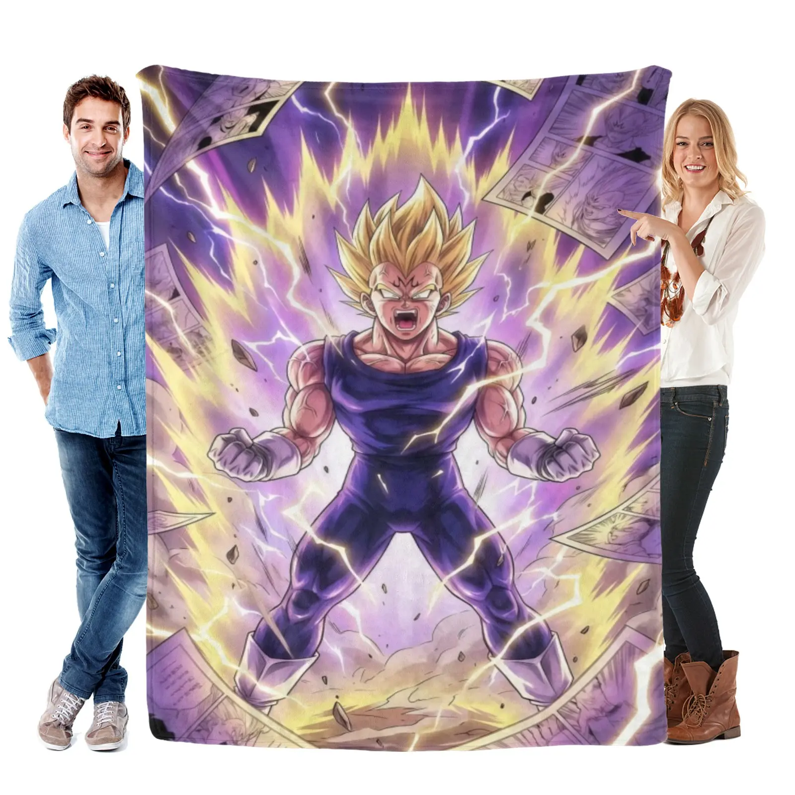 Dragon Ball Vegeta Blanket,Golden Ssj Vegeta Explosion Comic Panel Plush Blanket,Power Burst Layout,Hot Anime Gift For Manga Collectors