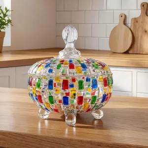 Glass Candy Dish with Lid, Vintage Colorful Crystal Candy Bowl, Decorative Embossed Storage Jar Container for Office Desk Home Kitchen, Covered Dish for Chocolates Dessert Jewelry