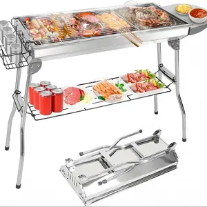 Portable Stainless Steel Folding Charcoal Grill with Side Tables, Storage Basket, and BBQ Tool Set, Includes Forks, Tongs, Shovel, for Outdoor Cooking, Camping, Backyard