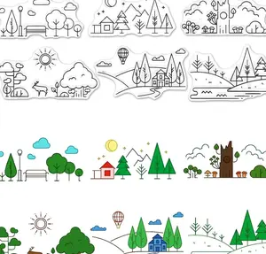 Creative Line Drawing Cute Scene Patterns Clear Stamps for Card Making Decoration DIY Scrapbooking, Simple Lines Picture Silicone Stamps Cards for Embossing Album Decor Craft.