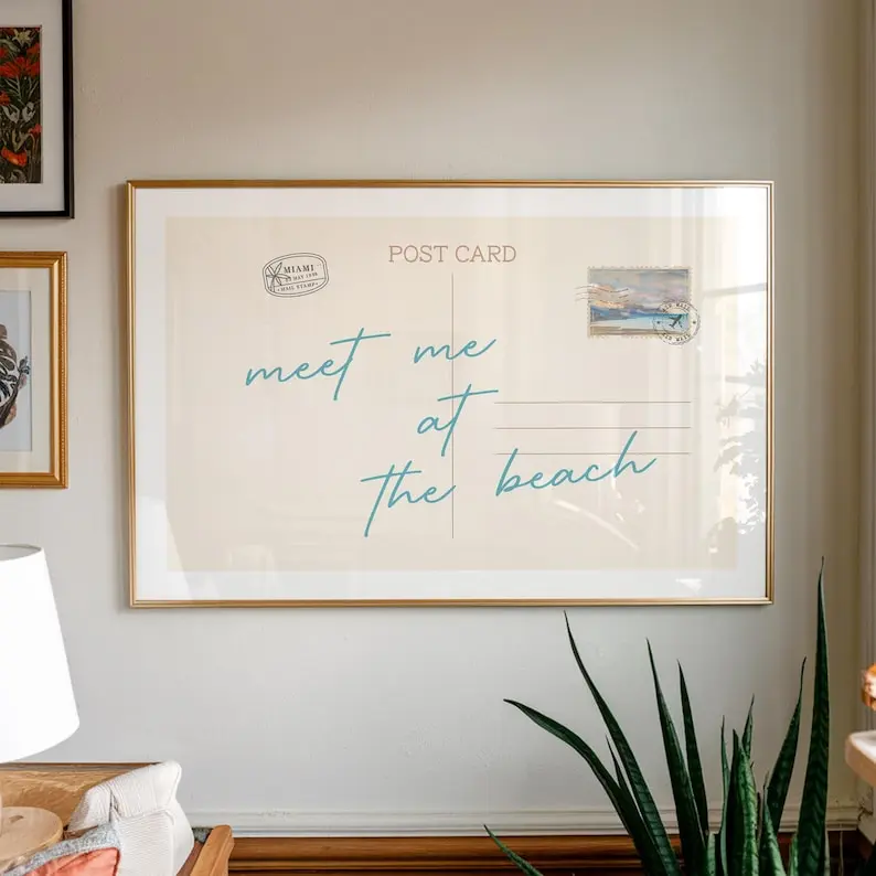 [UNFRAMED POSTER] Meet me at the beach Coastal Soft Vintage Postcard Poster Trendy Apartment Aesthetic Bar Cart Decor Horizontal Print Postage Stamp Wall Art